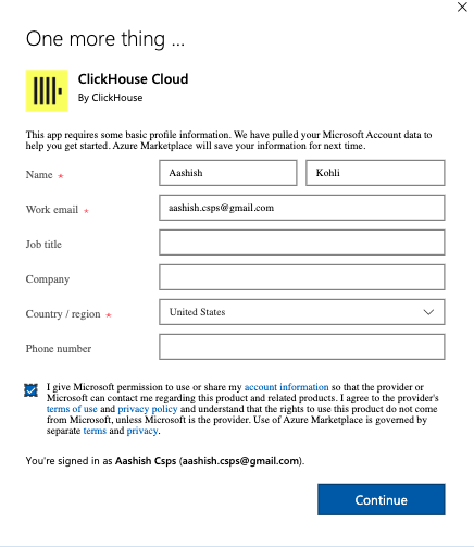 ClickHouse Cloud sign up info form